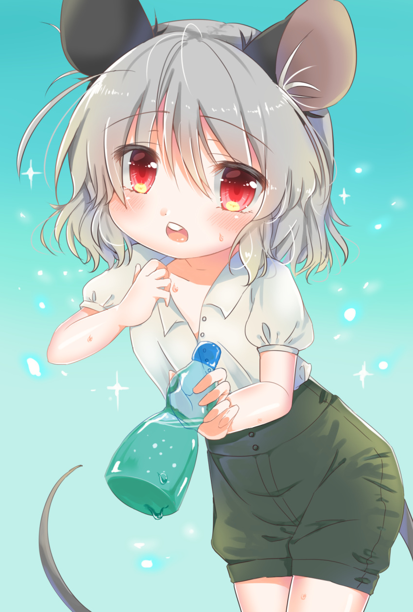 1girl alternate_costume animal_ears ashino_chimado black_shorts blue_background blush bottle contrapposto cowboy_shot eyebrows_visible_through_hair giving gradient gradient_background grey_hair hair_between_eyes hand_on_own_chest highres holding holding_bottle leaning_to_the_side mouse_ears mouse_tail nazrin open_mouth puffy_short_sleeves puffy_sleeves ramune red_eyes shirt shirt_hold short_hair short_sleeves shorts solo sparkle standing sweat tail touhou unbuttoned unbuttoned_shirt upper_teeth white_shirt