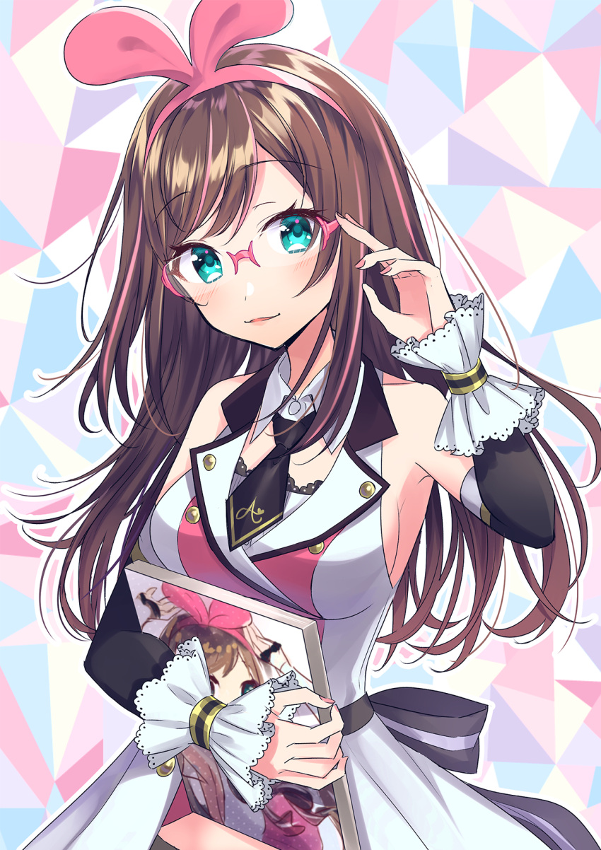 1girl a.i._channel aqua_eyes armpits bare_shoulders bespectacled black_neckwear blush book breasts brown_hair buttons detached_collar detached_sleeves glasses hairband hand_up haruyuki_14 head_tilt highres holding holding_book kizuna_ai lace_trim long_hair long_sleeves looking_at_viewer medium_breasts multicolored_hair nail_polish necktie parted_lips pink-framed_eyewear pink_hair pink_hairband pink_nails semi-rimless_eyewear shirt short_necktie smile solo stomach streaked_hair upper_body virtual_youtuber white_shirt wing_collar