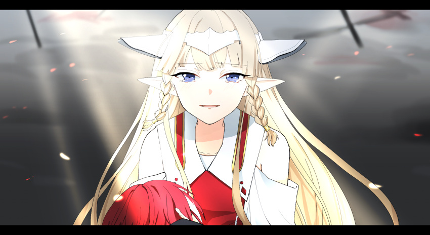 1boy 1girl blonde_hair blue_eyes braid crying crying_with_eyes_open elf ezel_the_king_of_fire_and_iron falia_the_queen_of_the_mountains fuguve grey_background headpiece highres long_hair looking_at_viewer outdoors pixiv_fantasia pixiv_fantasia_last_saga pointy_ears redhead sunlight tears upper_body