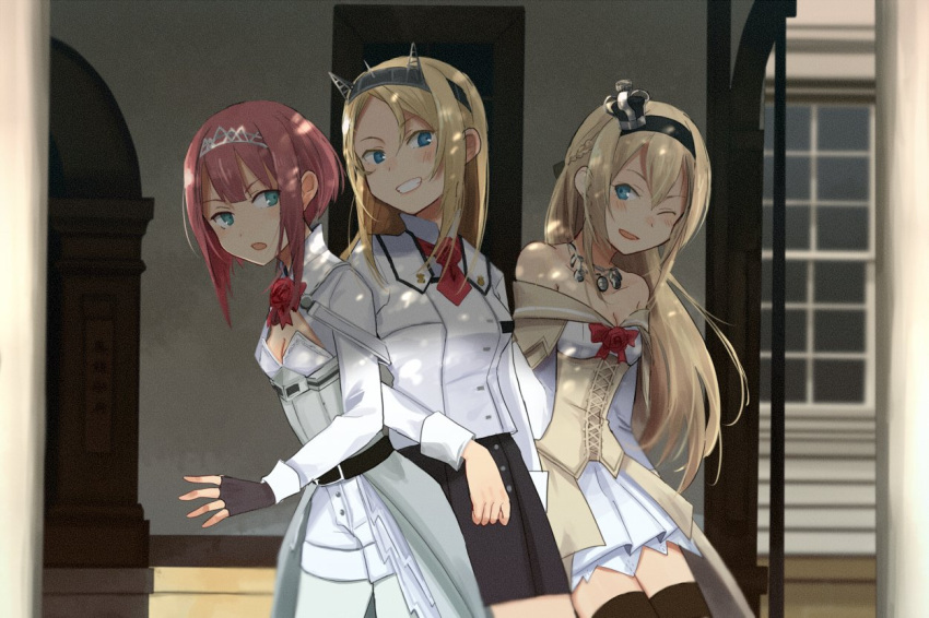 3girls annin_musou ark_royal_(kantai_collection) arms_behind_back bangs blonde_hair blue_eyes bow cleavage_cutout commentary_request corset cropped_jacket crown dress fingerless_gloves flower gloves grin hair_between_eyes hair_bow hairband jacket jewelry kantai_collection long_hair long_sleeves mini_crown multiple_girls necklace nelson_(kantai_collection) off-shoulder_dress off_shoulder one_eye_closed open_mouth pantyhose parted_bangs redhead rose shadow short_hair shorts sidelocks skirt smile standing thigh-highs tiara upper_body wall warspite_(kantai_collection) window