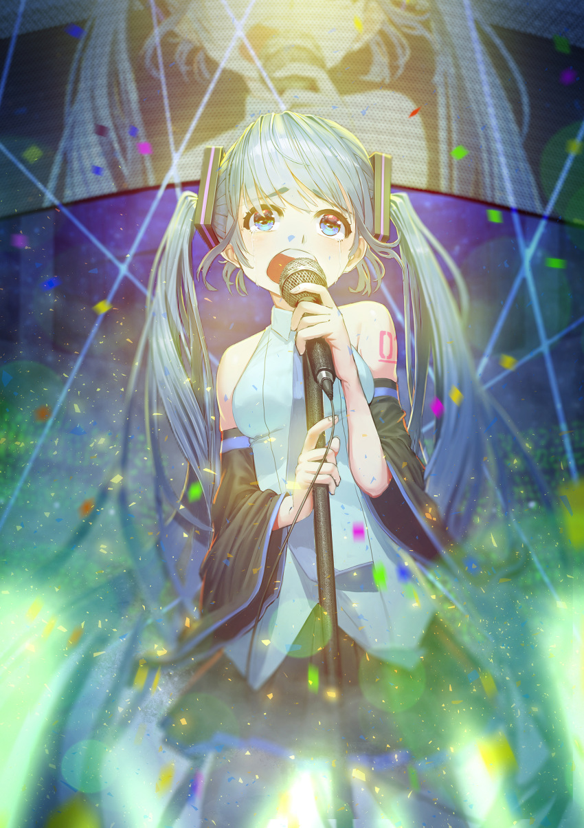 1girl absurdres bare_shoulders blue_eyes blue_hair concert confetti cowboy_shot detached_sleeves hair_ornament hatsune_miku highres holding holding_microphone holding_microphone_stand lens_flare long_hair microphone monitor necktie open_mouth projected_inset shirt shoulder_tattoo skirt sleeveless sleeveless_shirt solo spotlight tattoo tears thigh-highs twintails very_long_hair vocaloid wakuwakumkg