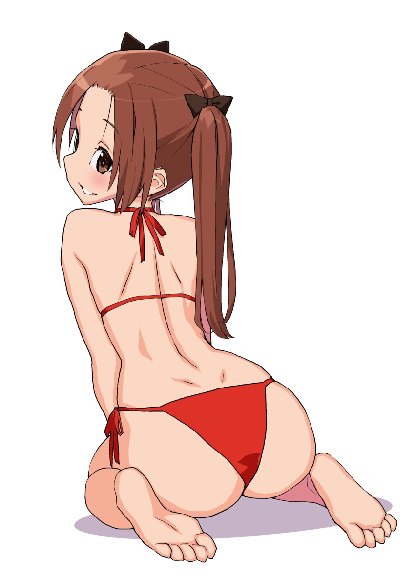 1girl ass bangs barefoot bikini black_bow bow brown_eyes brown_hair from_behind full_body girls_und_panzer hair_bow highres kadotani_anzu long_hair looking_at_viewer looking_back oomabu_shichirou parted_bangs parted_lips red_bikini side-tie_bikini simple_background sitting solo swimsuit twintails wariza white_background
