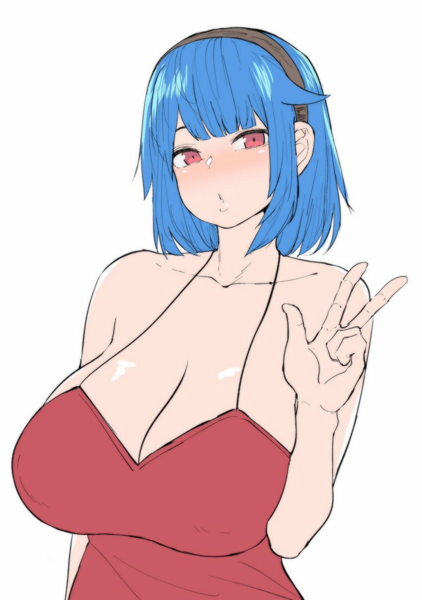 1girl bangs bare_shoulders blue_hair breasts cleavage collarbone commentary english_commentary flat_color hairband highres huge_breasts looking_at_viewer norman_maggot original red_eyes red_tank_top rina_atherina short_hair sidelocks solo spaghetti_strap upper_body w