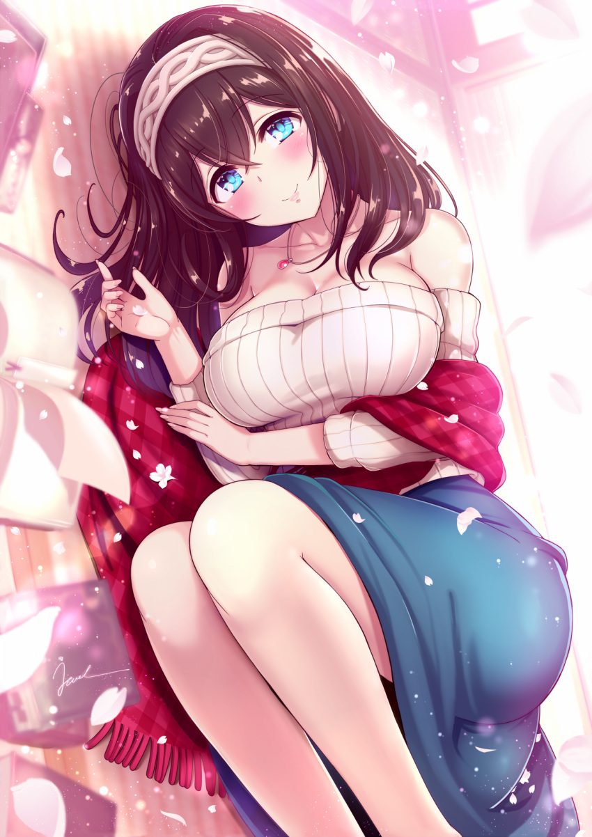 1girl bangs bare_shoulders black_hair blue_eyes blue_skirt blush book breasts closed_mouth hair_between_eyes hairband highres idolmaster idolmaster_cinderella_girls jewel_(the_black_canvas) jewelry large_breasts legs long_hair long_skirt long_sleeves looking_at_viewer lying necklace off-shoulder_sweater off_shoulder on_side open_book pendant petals ribbed_sweater sagisawa_fumika shawl skirt smile solo sweater white_sweater
