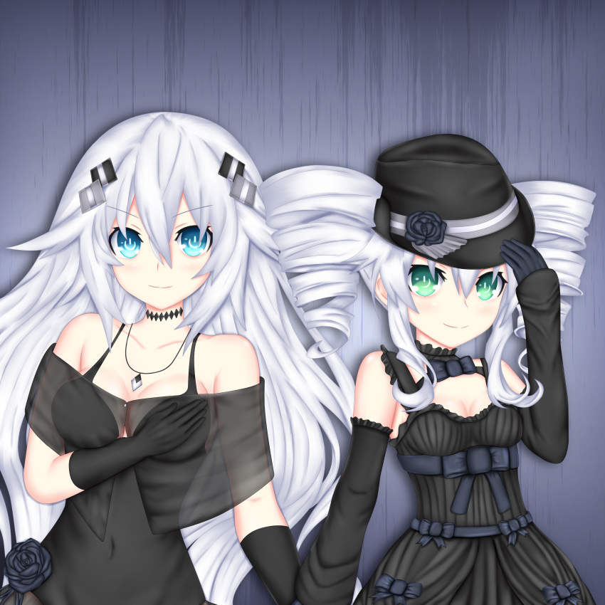 2girls absurdres bare_shoulders black_dress black_hat black_heart black_sister blue_eyes breasts commentary covered_navel detached_sleeves dress drill_hair fedora gloves green_eyes hat highres lolita_fashion long_hair looking_at_viewer medium_breasts mixed-language_commentary multiple_girls neptune_(series) power_symbol rhapsofree see-through siblings sisters small_breasts smile symbol-shaped_pupils twin_drills upper_body white_hair