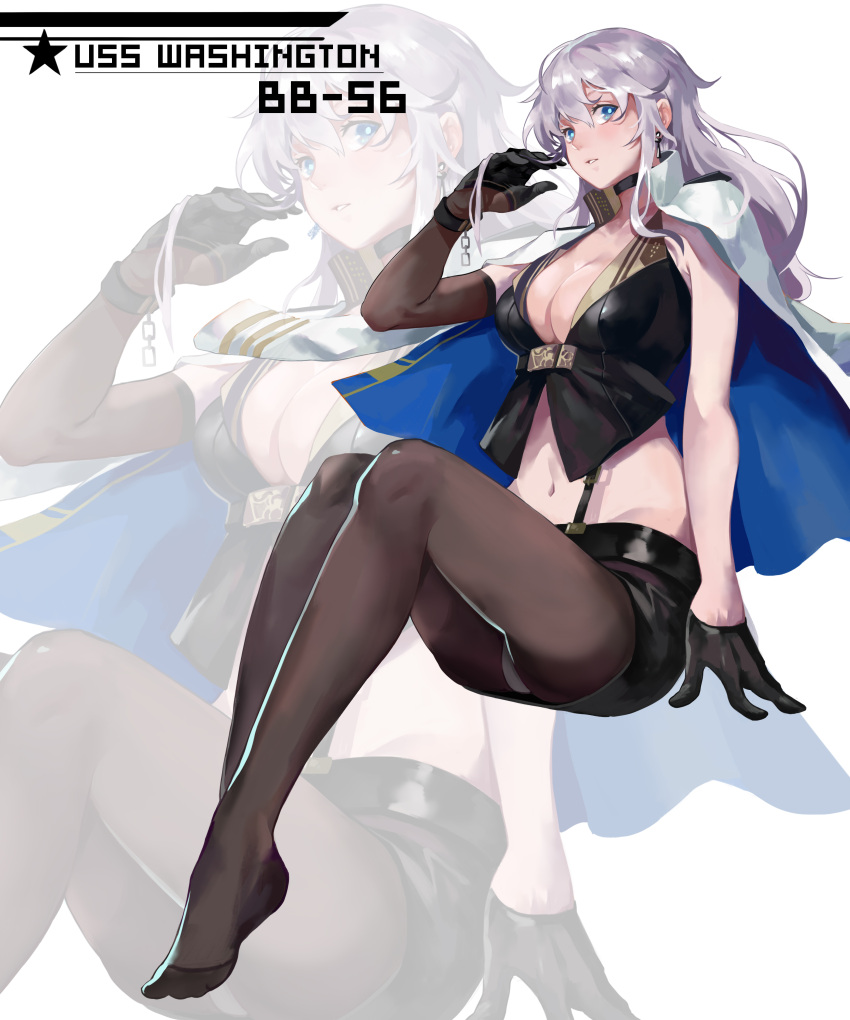 1girl absurdres adjusting_hair azur_lane black_gloves black_legwear blue_eyes breasts character_name choker cleavage coat cropped_jacket earrings elbow_gloves full_body gloves hand_in_hair highres invisible_chair jacket_on_shoulders jewelry large_breasts legs_together long_hair looking_at_viewer midriff miniskirt narakuuu navel overall_skirt panties pantyhose pantyshot pantyshot_(sitting) parted_lips silver_hair simple_background sitting skirt sleeveless solo underwear washington_(azur_lane) white_background white_panties zoom_layer