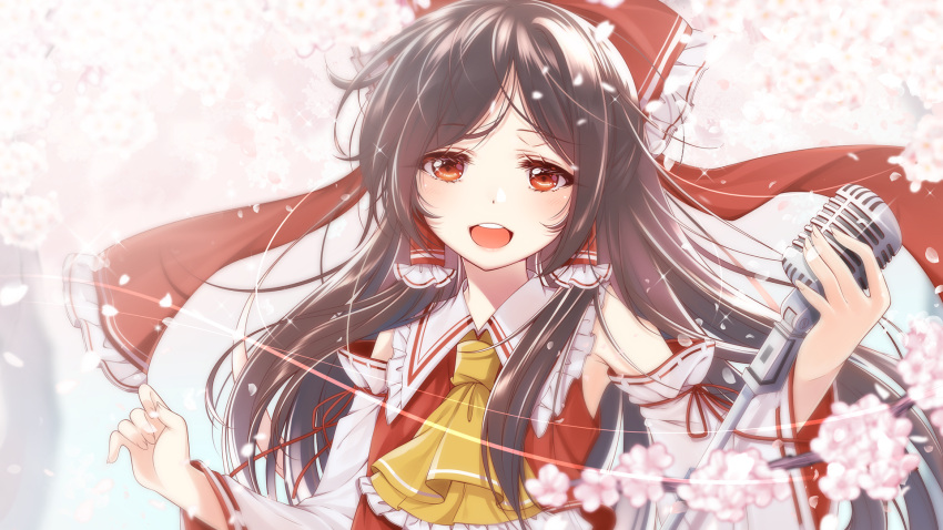 1girl ascot bare_shoulders black_hair bow cherry_blossoms commentary_request detached_sleeves eyebrows_visible_through_hair frilled_ascot frilled_shirt_collar frills hair_bow hair_tubes hakurei_reimu haruki_(colorful_macaron) highres holding long_hair long_sleeves looking_at_viewer microphone open_mouth petals red_bow red_eyes red_ribbon ribbon ribbon-trimmed_sleeves ribbon_trim sidelocks smile solo touhou upper_body wide_sleeves yellow_neckwear