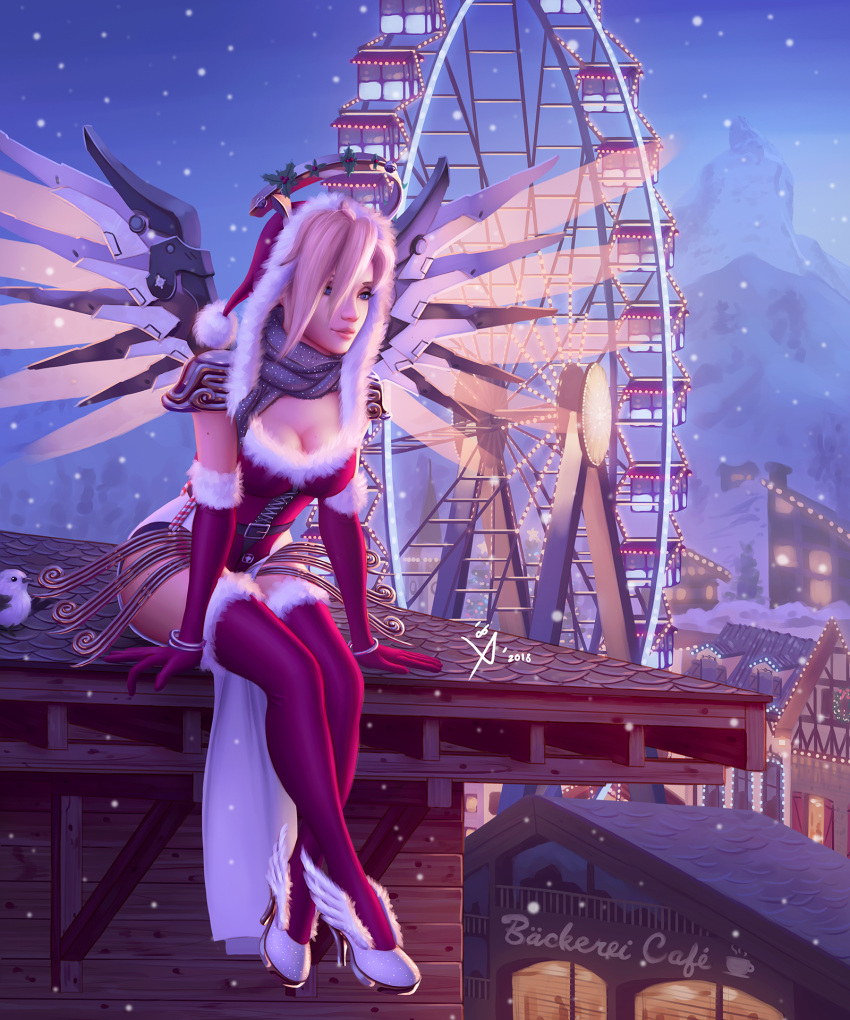 1girl bangle belt belt_buckle bird blonde_hair blue_eyes bracelet breasts buckle building cafe christmas christmas_lights cleavage dated dress elbow_gloves faulds ferris_wheel fog foot_dangle full_body fur-trimmed_legwear fur_trim gloves glowing glowing_wings grey_scarf hair_over_one_eye half-timbered hat high_heels highres holly jewelry large_breasts leaning_forward legs_crossed legs_together leo_queval leotard light_smile looking_away mechanical_halo mechanical_wings mercy_(overwatch) mole mole_on_breast mountain night nose on_roof outdoors overwatch pauldrons pelvic_curtain pink_lips red_dress red_gloves red_legwear rooftop santa_costume santa_hat scarf shoes shutter sign signature sitting sky sleeveless snowing solo spread_wings swiss_flag thigh-highs town white_footwear window winged_shoes wings yellow_wings