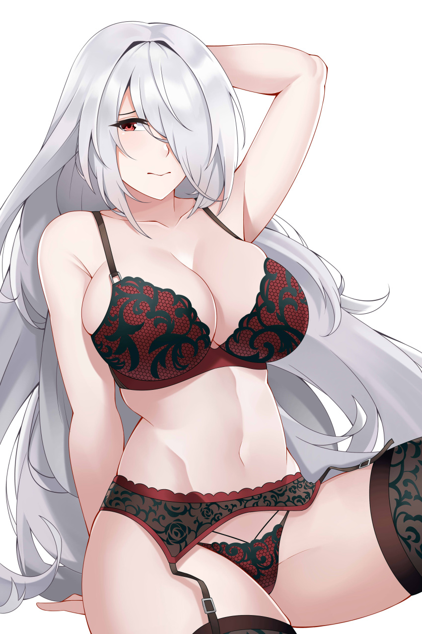 1girl 3: absurdres arm_support arm_up armpits aslindsamure blush bra breasts cleavage closed_mouth collarbone eyebrows_visible_through_hair garter_belt girls_frontline hair_over_one_eye half-closed_eyes highres knee_up large_breasts lingerie long_hair looking_at_viewer paid_reward panties patreon_reward pk_(girls_frontline) red_bra red_eyes red_panties silver_hair sitting skindentation smile solo thigh-highs thighs underwear underwear_only very_long_hair white_background