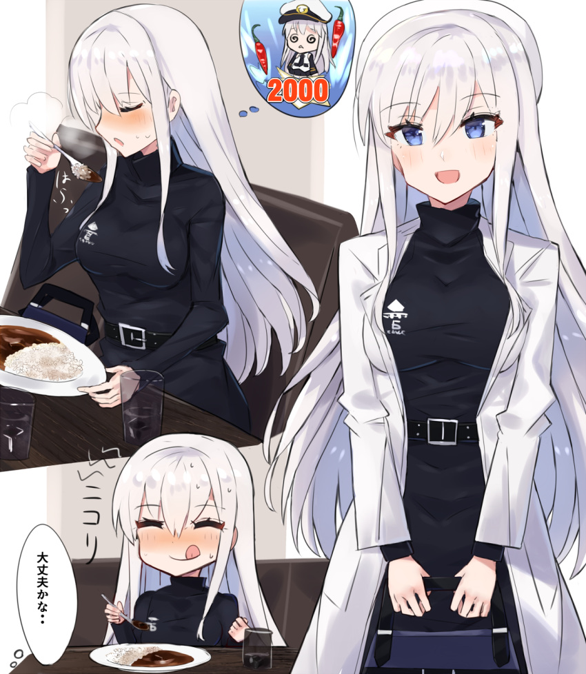 1girl :d :q @_@ ^_^ alternate_costume azur_lane bag bangs belt black_dress blue_eyes blush breasts chair chibi chili_pepper closed_eyes coat commentary_request cup curry dress drinking_glass eating enterprise_(azur_lane) food hair_between_eyes hat highres holding holding_bag holding_spoon ice ice_cube indoors large_breasts long_hair long_sleeves looking_at_viewer military military_uniform miniskirt multiple_views necktie nose_blush open_clothes open_coat open_mouth peaked_cap plate rice shirt sidelocks sitting skirt smile spoon standing steam sweat table taut_clothes taut_dress thought_bubble tongue tongue_out translated turtleneck turtleneck_dress uniform white_coat white_hair white_hat white_shirt wing_collar xenonstriker