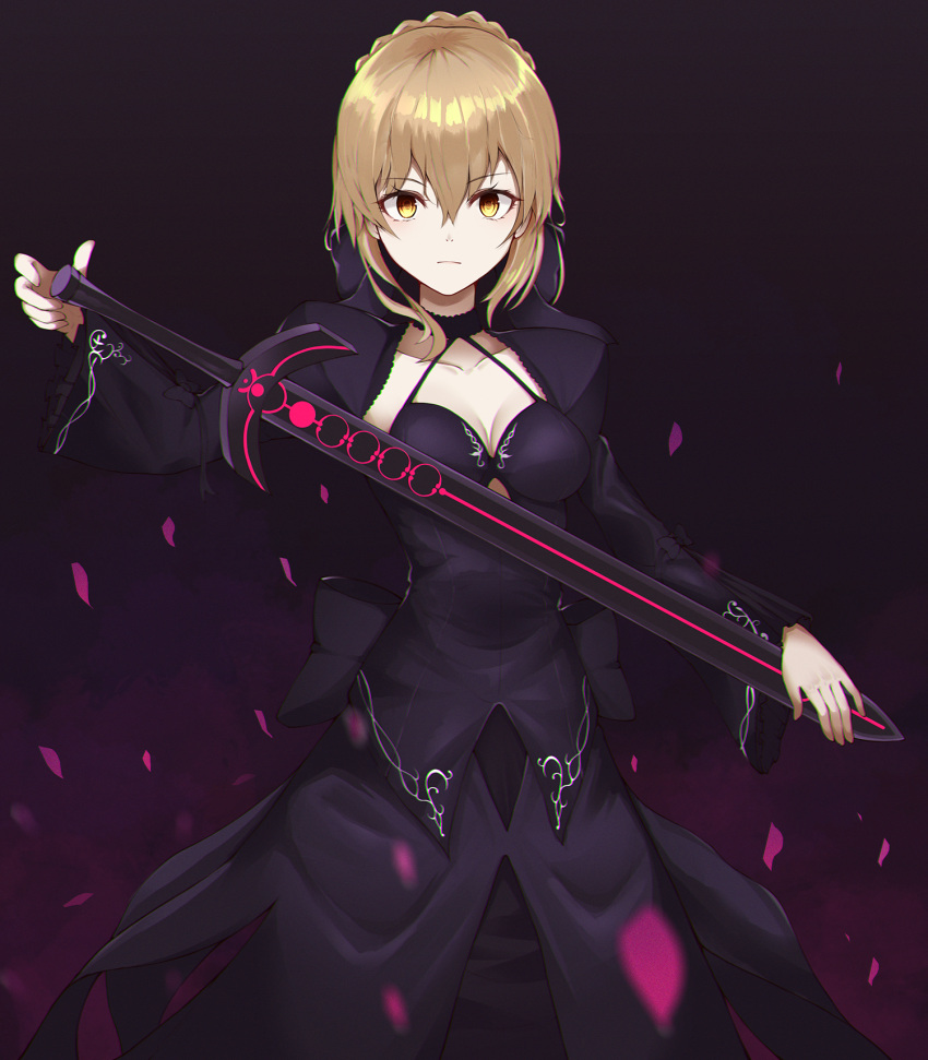 1girl artoria_pendragon_(all) black_background black_shirt black_skirt blonde_hair breasts choker cleavage collarbone dark_excalibur fate/stay_night fate_(series) formal hair_between_eyes highres holding holding_sword holding_weapon joo000118 long_sleeves looking_at_viewer medium_breasts saber_alter shiny shiny_hair shirt short_hair shrug_(clothing) skirt skirt_suit sleeveless sleeveless_shirt solo suit sword weapon yellow_eyes