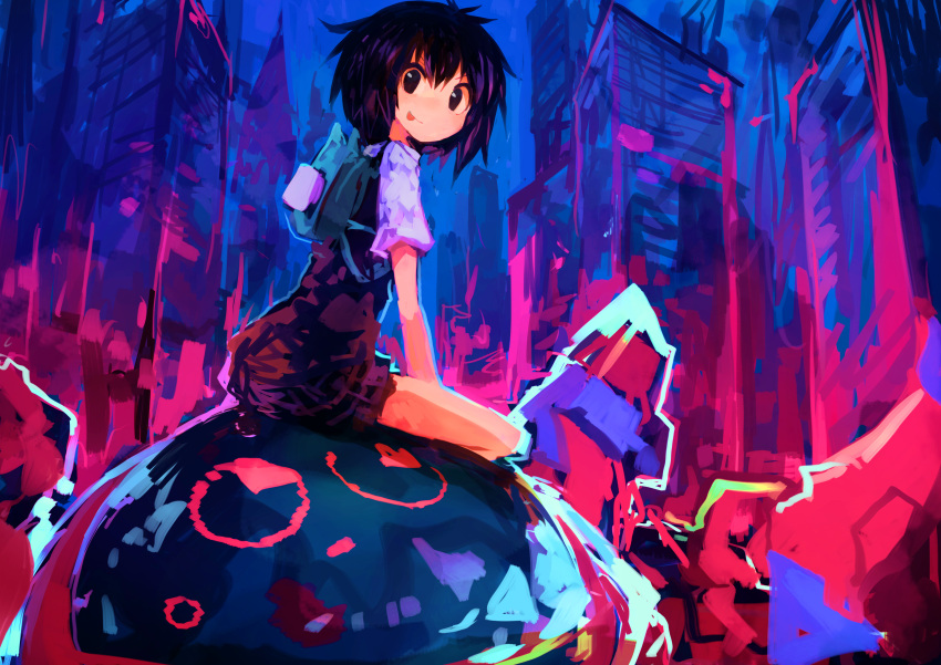 1girl absurdres backpack bag black_eyes black_hair commentary highres kaamin_(mariarose753) mecha medium_request messy_hair peni_parker pleated_skirt robot school_uniform short_hair skirt skyline solo sp//dr spider-man:_into_the_spider-verse sweater_vest tongue tongue_out