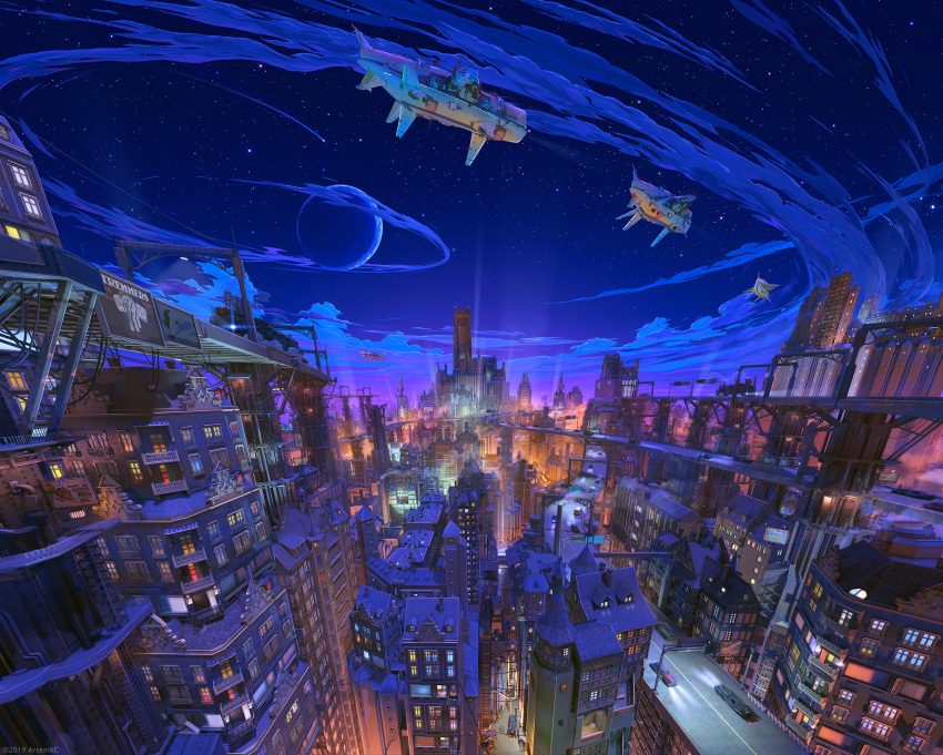 3d aircraft airship arsenixc balcony blue_sky building highres moon night night_sky no_humans original outdoors rooftop scenery sky skyscraper watermark window