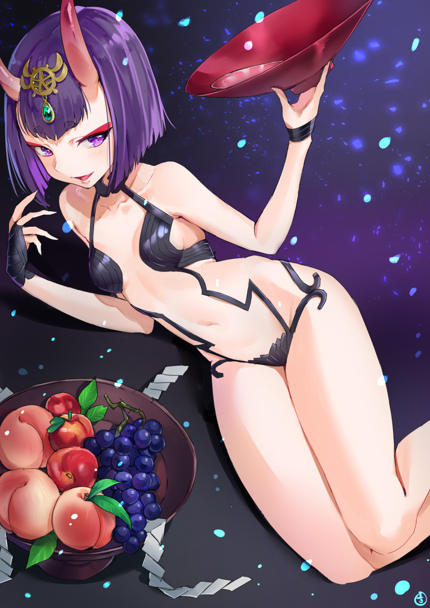 1girl absurdres alcohol apple bob_cut breasts collarbone cup eyebrows_visible_through_hair fate/grand_order fate_(series) food fruit grapes hieung highres horns medium_breasts navel oni oni_horns open_mouth peach purple_hair sakazuki sake short_hair shuten_douji_(fate/grand_order) smile solo thick_eyebrows thighs violet_eyes