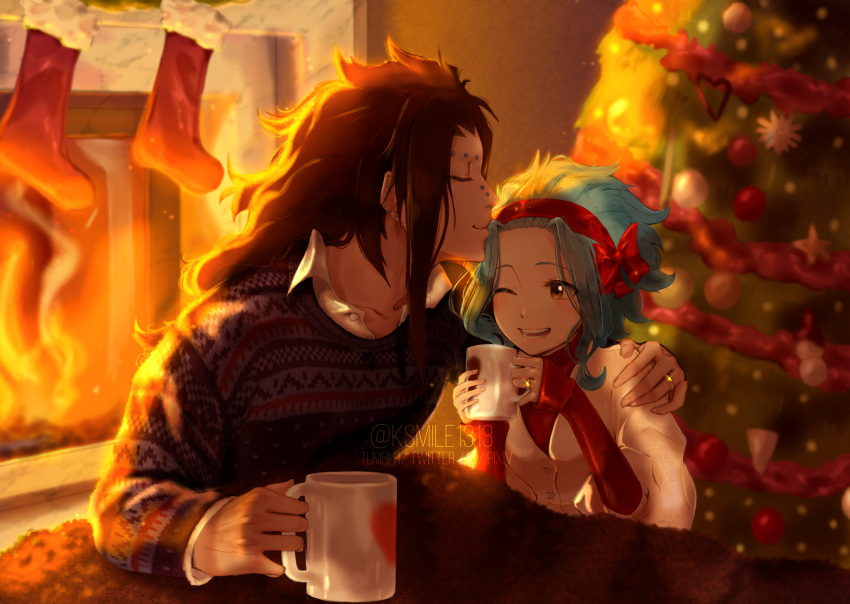 1boy 1girl ;d black_hair blue_hair blurry blurry_background bow brown_eyes christmas_tree collarbone ear_piercing fairy_tail fire forehead_kiss gajeel_redfox hair_bow hairband highres jacket jewelry kiss ksmile1313 levy_mcgarden long_hair long_sleeves one_eye_closed open_mouth piercing print_sweater red_bow red_hairband red_sweater ring short_hair sitting smile sweater under_covers wedding_band white_jacket