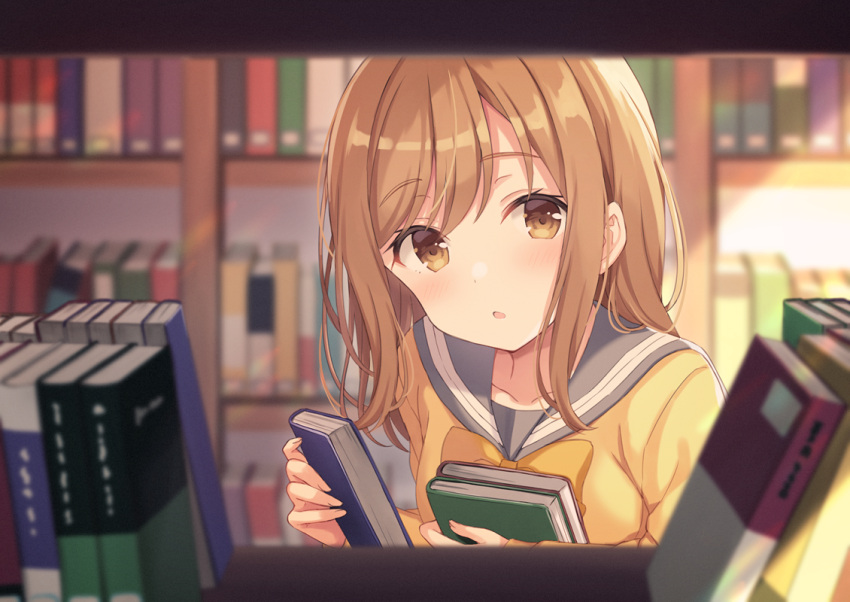 1girl :o blurry blurry_background blurry_foreground blush book book_stack bookshelf bow bowtie brown_eyes brown_hair collarbone commentary_request depth_of_field grey_sailor_collar holding holding_book kunikida_hanamaru library long_hair long_sleeves looking_at_viewer love_live! love_live!_sunshine!! nagisa3710 orange_neckwear parted_lips sailor_collar school_uniform shirt sidelocks solo uranohoshi_school_uniform yellow_shirt