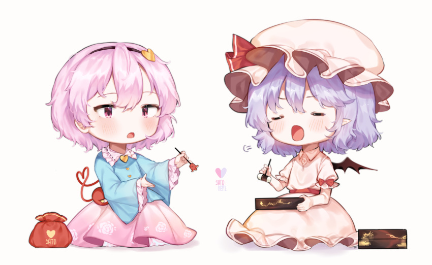 2girls =3 arms_up bat_wings blouse blue_blouse blue_hair blush character_name chibi chopsticks closed_eyes commentary drawstring_bag dress english_commentary facing_another food hair_between_eyes hair_ornament hairband hat hat_ribbon heart heart_hair_ornament heart_of_string highres holding holding_chopsticks komeiji_satori long_sleeves looking_at_another looking_at_viewer mob_cap multiple_girls obentou open_mouth petticoat pink_dress pink_eyes pink_hair pink_hat pink_skirt pointy_ears puffy_short_sleeves puffy_sleeves remilia_scarlet ribbon short_hair short_sleeves simple_background sitting skirt tako-san_wiener third_eye touhou useq1067 white_background wide_sleeves wings
