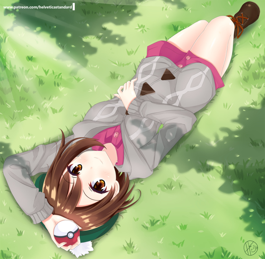 1girl blush brown_eyes brown_hair creatures_(company) day female_protagonist_(pokemon_swsh) game_freak grey_jacket helvetica_5tandard highres holding holding_poke_ball jacket knees_up looking_at_viewer lying nintendo on_back on_grass on_ground outdoors pink_shirt poke_ball pokemon pokemon_(game) pokemon_swsh shirt short_hair smile solo tam_o'_shanter upside-down