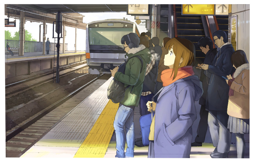 bag breath brown_hair cellphone coat cold commentary_request crowd day denim earphones earphones from_side ground_vehicle hand_in_pocket headphones highres holding holding_phone jeans looking_up multiple_boys multiple_girls original pants phone railroad_tracks scarf sidelocks skirt standing tokoya_(b4ahdfsf42ljwic) train train_station train_station_platform winter_clothes winter_coat