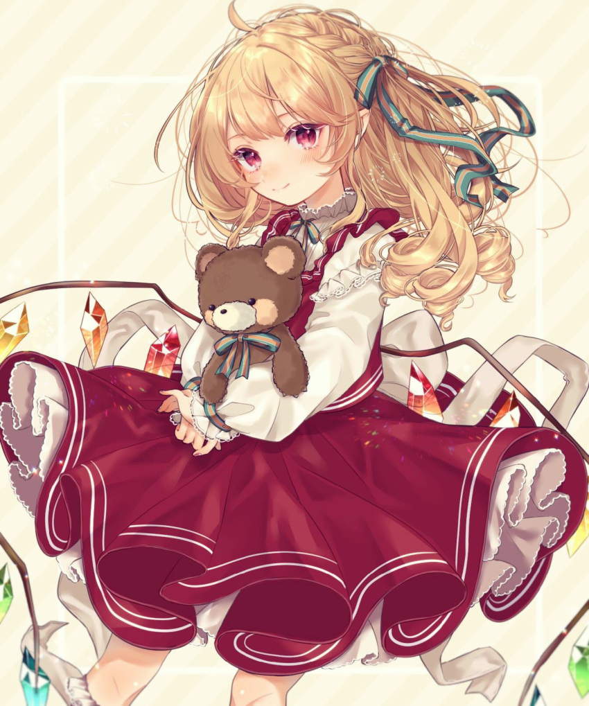 1girl adapted_costume ahoge alternate_hair_length alternate_hairstyle blush braid cowboy_shot flandre_scarlet french_braid gradient gradient_background hair_between_eyes hair_ribbon hands_together head_tilt highres holding holding_stuffed_animal layered_sleeves long_hair long_sleeves looking_at_viewer nail_polish neck_ribbon no_hat no_headwear petticoat pointy_ears purple_nails red_eyes ribbon shirt side_ponytail slit_pupils smile solo standing striped striped_background striped_neckwear striped_ribbon stuffed_animal stuffed_toy teddy_bear touhou very_long_hair white_shirt wings yedan yellow_background