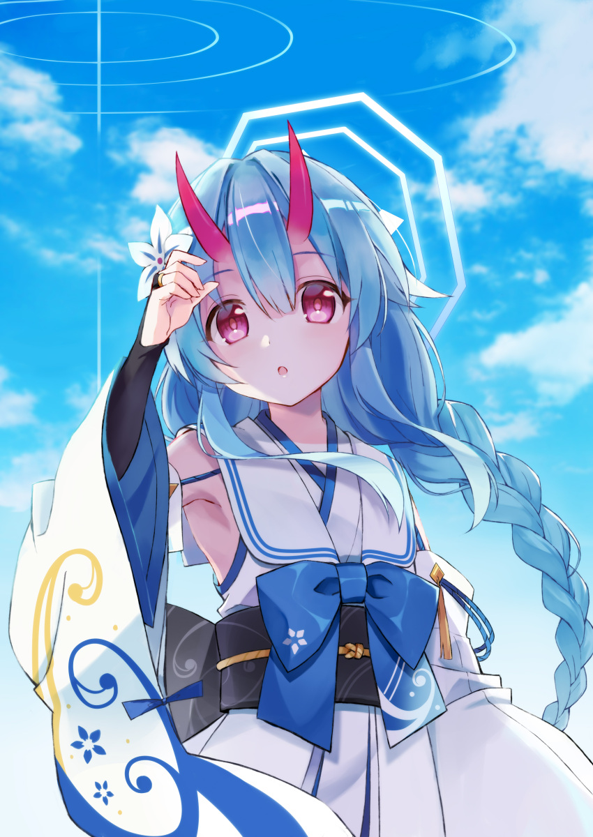 1girl absurdres armpits blue_archive braid chise_(blue_archive) clouds cloudy_sky detached_sleeves flower hair_between_eyes hair_flower hair_ornament highres horns japanese_clothes kimono long_braid long_hair long_sleeves looking_at_viewer oni_horns open_mouth ribbon sky solo twin_braids twintails yukata