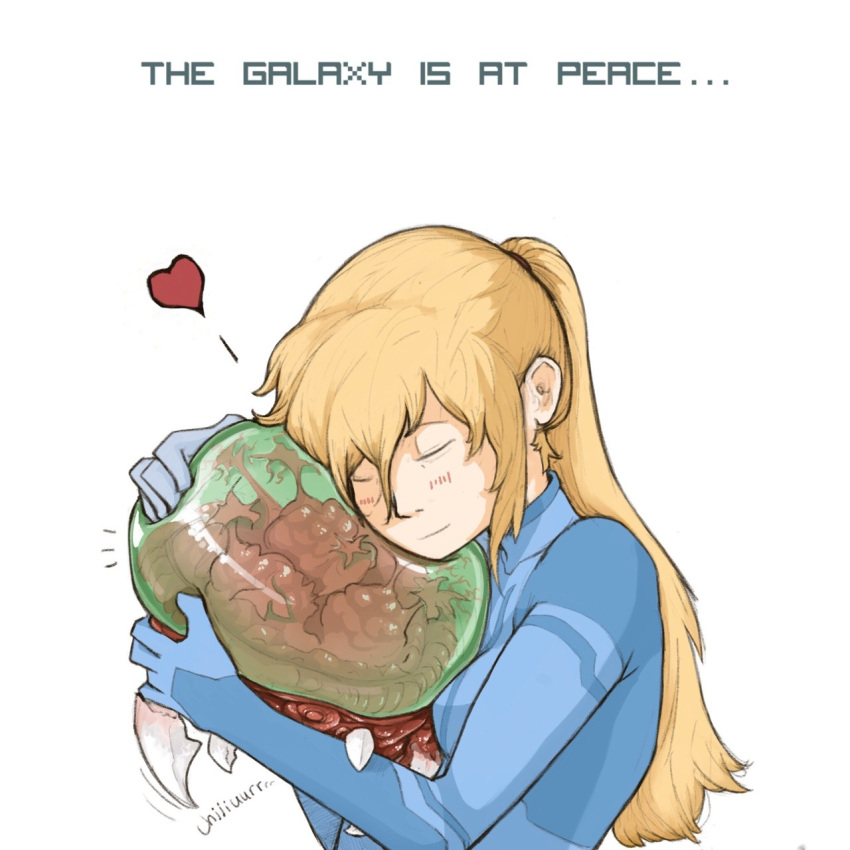 blonde_hair closed_eyes heart highres hug long_hair lyra-gwyndolin-dark metroid metroid_(creature) nintendo samus_aran zero_suit