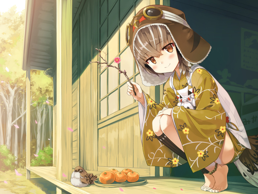 1girl anklet ayakashi_kyoushuutan barefoot bird bird_girl blush branch brown_eyes brown_hair brown_hat cura day feathers floral_print food fruit full_body goggles goggles_on_head goggles_on_headwear hat highres hiyo_(whisp) holding_branch japanese_clothes jewelry looking_at_viewer monster_girl multicolored_hair orange outdoors porch short_hair smile solo squatting streaked_hair white_hair wide_sleeves