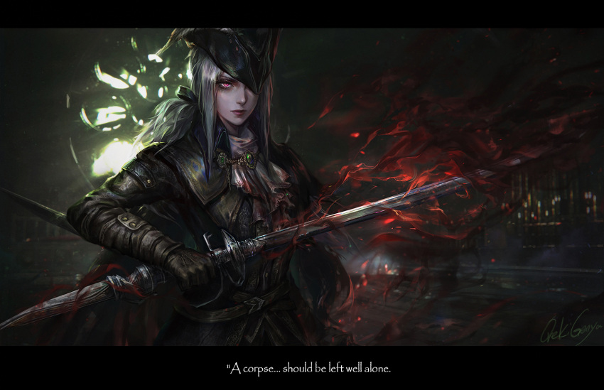 1girl artist_name aura belt black_border blood bloodborne bloody_clothes blurry blurry_background border bow brown_gloves cape cravat depth_of_field english_text gloves glowing glowing_weapon hair_bow hat hat_over_one_eye highres holding holding_weapon lady_maria_of_the_astral_clocktower looking_at_viewer oreki_genya red_eyes serious signature solo standing sword tricorne upper_body weapon white_hair window