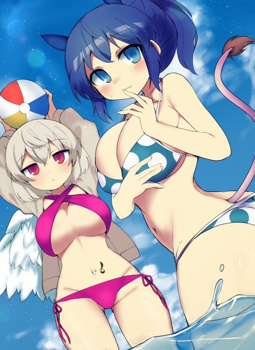2girls alternate_hairstyle animal_ears arms_up ass_visible_through_thighs ball bangs bare_arms bare_shoulders beachball bikini blue_bikini blue_eyes blue_hair blue_sky blush breasts clouds commentary_request cowboy_shot day doremy_sweet dutch_angle eyebrows_visible_through_hair feathered_wings grey_jacket groin hair_between_eyes halterneck hand_up highres holding holding_ball huge_breasts jacket jitome kishin_sagume large_breasts lens_flare light_particles long_sleeves looking_at_viewer multiple_girls navel navel_piercing no_hat no_headwear open_clothes open_jacket outdoors piercing polka_dot polka_dot_bikini purple_bikini red_eyes sakaki_(utigi) short_hair short_ponytail side-tie_bikini sidelocks silver_hair single_wing sky smile standing stomach stomach_tattoo swimsuit tail tapir_ears tapir_tail tattoo thighs touhou wading water white_wings wings