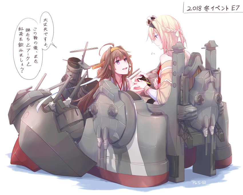 2girls absurdres ahoge blonde_hair blue_eyes braid brown_hair cannon crown detached_sleeves double_bun dress french_braid headgear highres kantai_collection kongou_(kantai_collection) long_hair long_sleeves mini_crown multiple_girls nontraditional_miko off-shoulder_dress off_shoulder pin.s remodel_(kantai_collection) rigging simple_background sitting thigh-highs throne translation_request turret warspite_(kantai_collection) white_background white_dress white_legwear