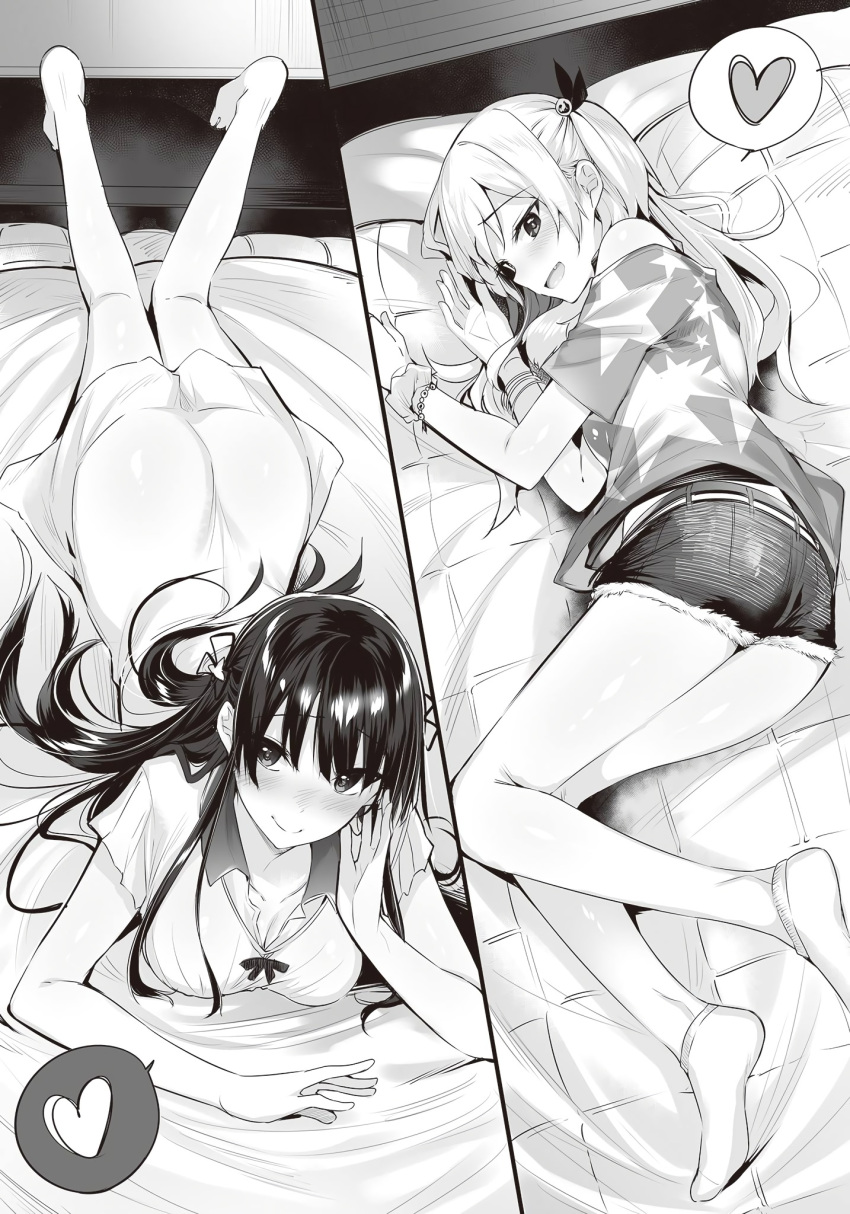 2girls :d bed_sheet belt blush bracelet breasts cleavage dress eyebrows_visible_through_hair greyscale hair_between_eyes hair_ribbon heart highres jewelry kakao kawaii_onna_no_ko_ni_kouryaku_sareru_no_wa_suki_desu_ka? long_hair looking_at_viewer lying medium_breasts monochrome multiple_girls novel_illustration official_art on_side on_stomach open_mouth print_shirt ribbon scrunchie shiny shiny_hair shirt short_dress short_shorts short_sleeves shorts smile socks speech_bubble split_screen star star_print sundress wrist_scrunchie