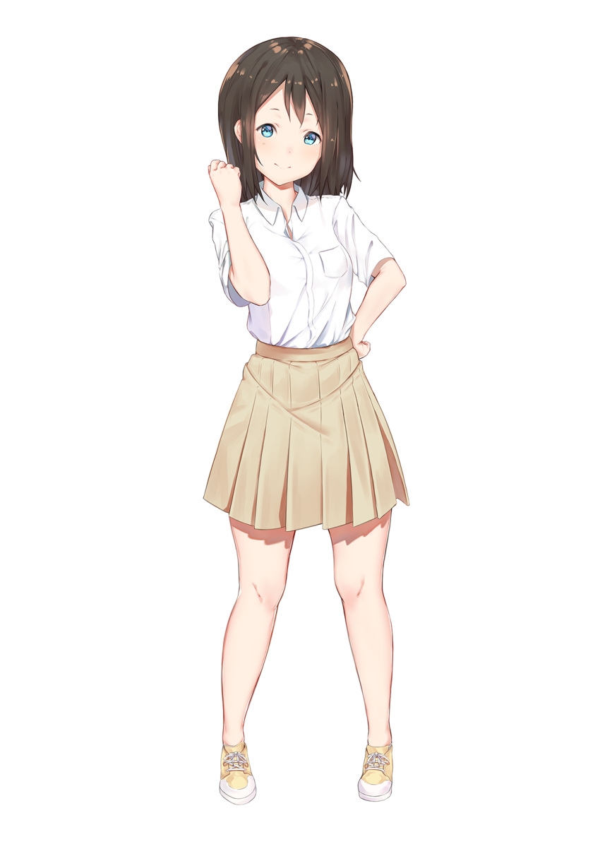 1girl arm_up bangs blue_eyes breast_pocket brown_hair closed_mouth commentary_request full_body grayfox hand_on_hip highres light_brown_skirt long_hair pleated_skirt pocket shirt shoes short_sleeves simple_background skirt small_eyes sneakers solo white_background white_shirt yellow_footwear