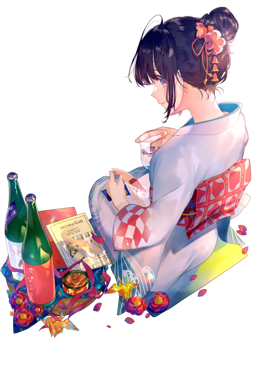 1girl absurdres bangs black_hair book bottle checkered checkered_sleeves closed_mouth cup drinking_glass flower from_behind full_body hair_bun hair_flower hair_ornament highres holding holding_cup japanese_clothes kimono long_sleeves looking_at_viewer looking_back miwano_ragu obi open_book origami original petals profile red_flower sash seiza short_hair simple_background sitting smile solo violet_eyes water white_background white_kimono wide_sleeves