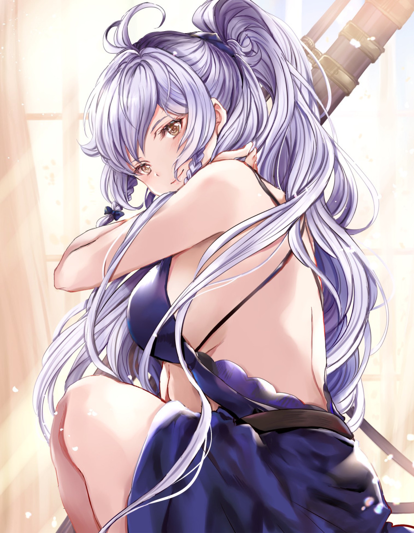 1girl ahoge backless_dress backless_outfit bangs bare_arms bare_back bare_shoulders blue_dress blush braid breasts commentary_request curtains dress granblue_fantasy gun hair_between_eyes hair_over_shoulder highres hinahino large_breasts long_hair looking_at_viewer pink_lips ponytail rifle silva_(granblue_fantasy) silver_hair sitting smile sniper sniper_rifle solo sunlight twin_braids very_long_hair wavy_hair weapon window yellow_eyes