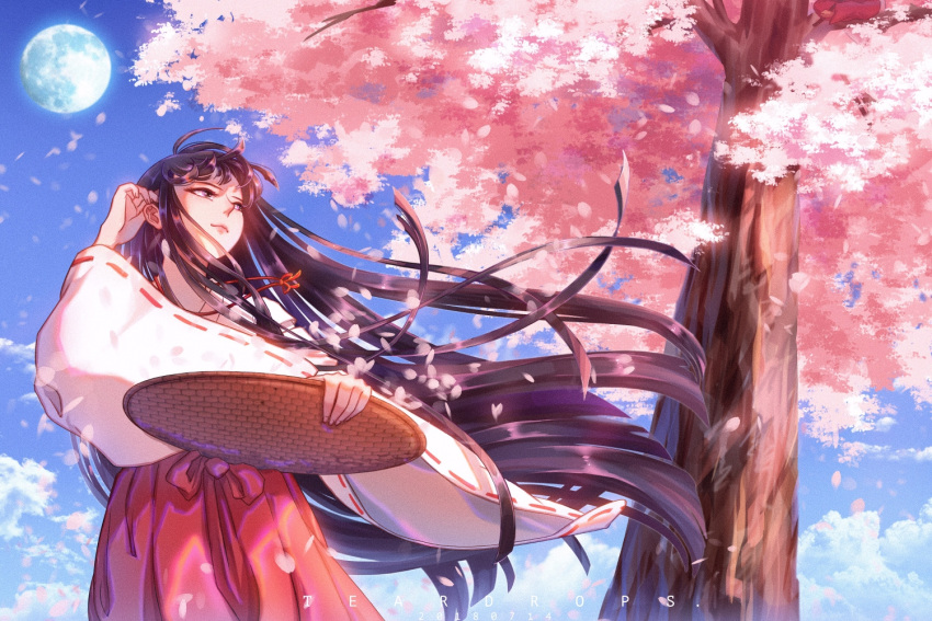 1girl arm_up bangs black_hair blue_sky brown_eyes cherry_blossoms closed_mouth clouds commentary_request eyebrows_visible_through_hair flower full_moon hair_tucking hakama holding inuyasha japanese_clothes kikyou_(inuyasha) long_hair long_sleeves miko moon outdoors petals red_hakama sky smile solo straight_hair teardrops_(user_vgvd7733) tree wide_sleeves wind wind_lift