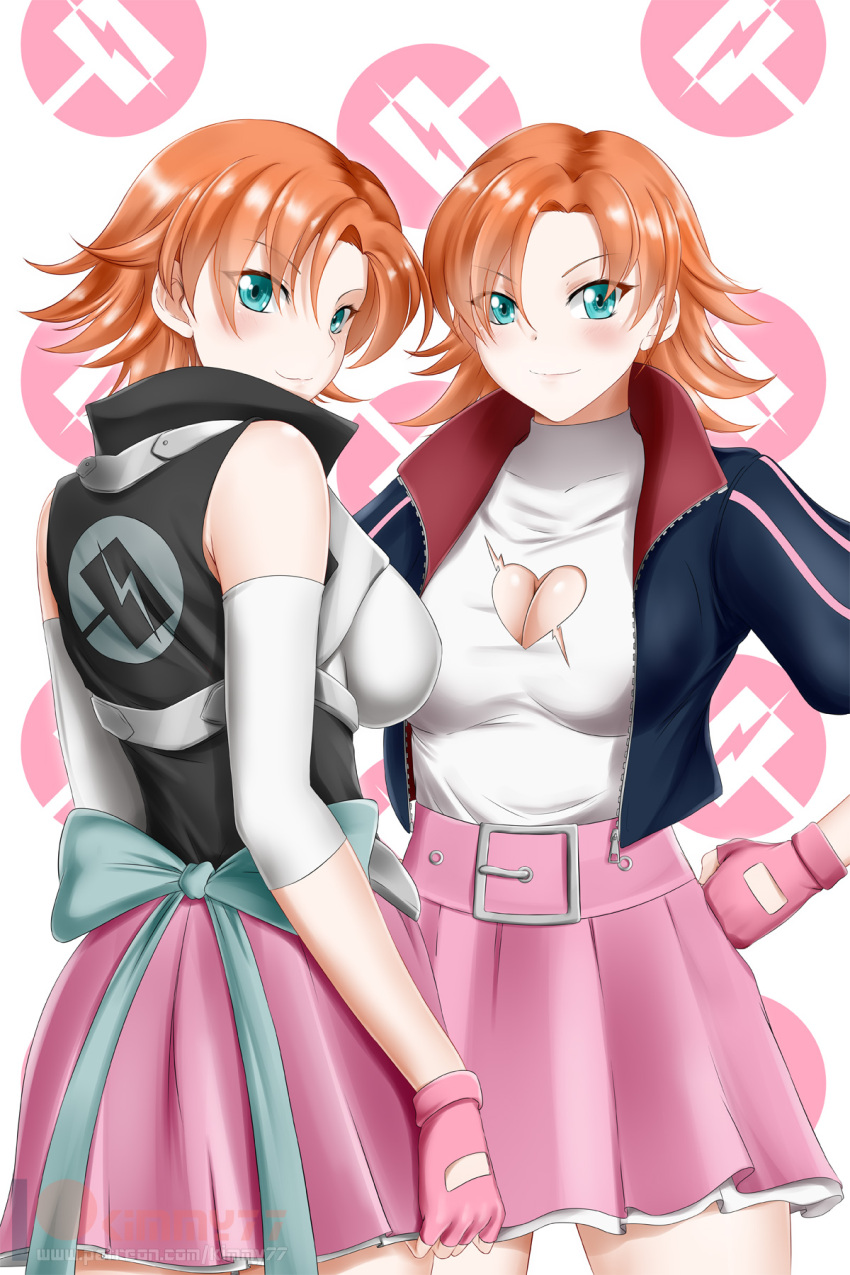 2girls alfred_cullado aqua_eyes bare_shoulders blush breasts cleavage cleavage_cutout fingerless_gloves gloves hand_on_hip highres jacket large_breasts looking_at_viewer looking_back multiple_girls nora_valkyrie orange_hair patreon_logo patreon_username pink_gloves pink_skirt rwby short_hair skirt smile standing watermark web_address white_background