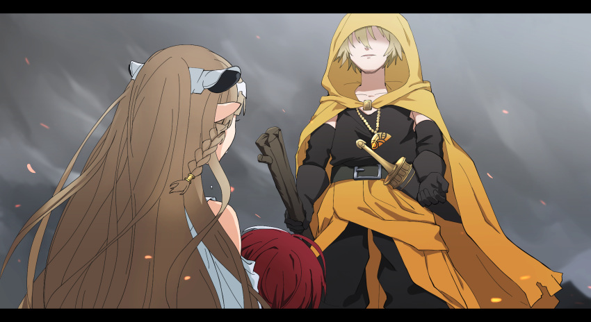 1girl 2boys alex_the_sage_in_yellow belt black_gloves blonde_hair braid brown_hair day elbow_gloves ezel_the_king_of_fire_and_iron facing_another falia_the_queen_of_the_mountains fuguve gloves grey_sky headpiece highres hood jewelry kneeling multiple_boys necklace outdoors pixiv_fantasia pixiv_fantasia_last_saga redhead sheath standing twin_braids walking_stick yellow_cloak