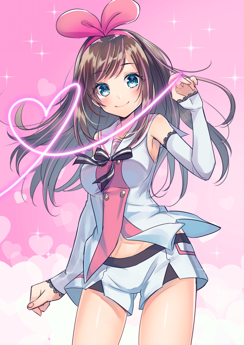 1girl a.i._channel armpits bare_shoulders blue_eyes blush breasts brown_hair buttons closed_mouth collarbone cowboy_shot detached_sleeves drawing floating_hair hairband hand_up haruyuki_14 heart highres kizuna_ai long_hair medium_breasts multicolored_hair navel pink_hair pink_hairband ribbon shirt short_shorts shorts sleeves_past_wrists smile solo standing streaked_hair thighs virtual_youtuber white_shirt white_shorts