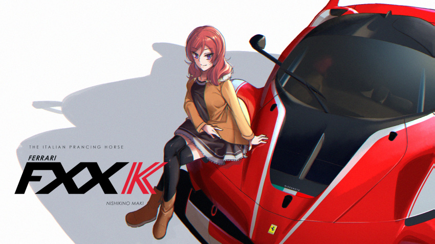 1girl car character_name english_text ferrari ferrari_fxx_k ground_vehicle highres love_live! love_live!_school_idol_project motor_vehicle nishikino_maki nissanote redhead short_hair thigh-highs