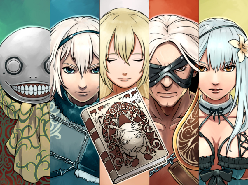 blonde_hair book breasts closed_mouth commentary_request dress emil_(nier) flower grimoire_weiss hasegawa_(morebeer) highres kaine_(nier) looking_at_viewer multiple_boys multiple_girls nier nier_(old) nier_(series) nier_(young) nude scarf short_hair silver_hair white_hair yonah