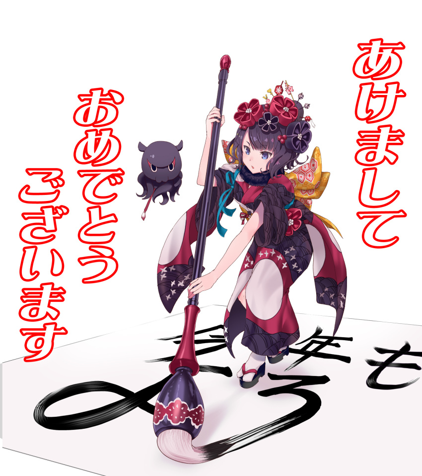 1girl 2019 akeome black_hair blue_eyes boshi_(a-ieba) calligraphy_brush commentary_request fate/grand_order fate_(series) hair_bun happy_new_year highres holding holding_paintbrush japanese_clothes katsushika_hokusai_(fate/grand_order) kimono new_year octopus paintbrush purple_kimono sandals translated white_background