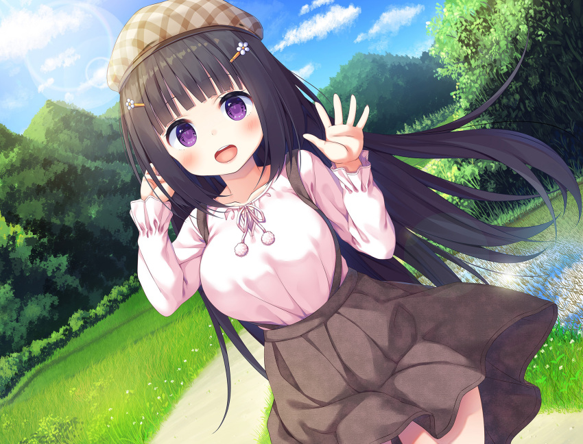 1girl :d bangs black_hair blue_sky blunt_bangs blush brown_hat brown_skirt clouds day grass hair_ornament hairclip hands_up hat highres kanojo_to_issho_no_kaerimichi lens_flare long_hair long_sleeves looking_at_viewer mountain official_art open_mouth outdoors pink_shirt plaid_hat shirt skirt sky smile solo standing urato_chiri violet_eyes