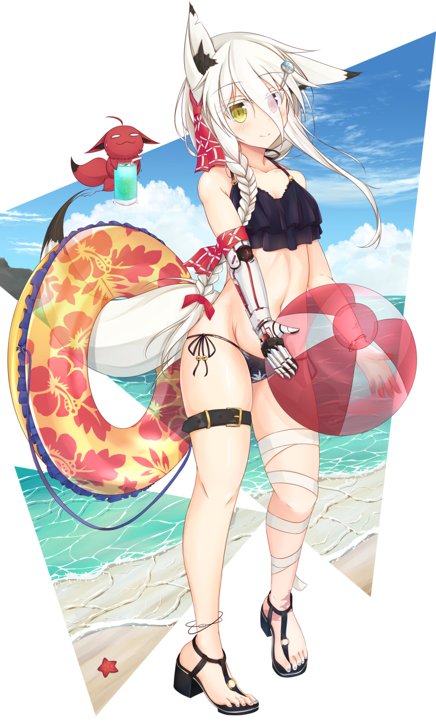 1girl absurdres animal_ear_fluff animal_ears arm_ribbon ball bandage bangs beach bikini black_footwear black_swimsuit blush breasts clouds cup drinking_glass drinking_straw eyebrows_visible_through_hair full_body hair_ornament hair_ribbon hairclip heterochromia highres holding holding_ball holding_cup innertube kosetsu_kizuna long_hair looking_at_viewer looking_to_the_side mechanical_arm moai21 nail_polish navel ocean original red_eyes ribbon scar side-tie_bikini skindentation sky small_breasts smile standing swimsuit tail thigh_strap water white_hair yellow_eyes