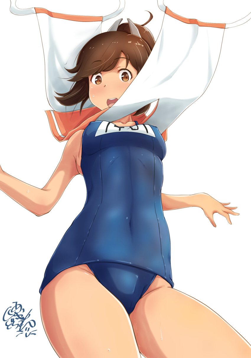 1girl absurdres blue_swimsuit brown_eyes brown_hair cowboy_shot dragonoil from_below hair_ornament hairclip highres i-401_(kantai_collection) kantai_collection name_tag one-piece_tan open_mouth orange_sailor_collar ponytail round_teeth sailor_collar school_swimsuit short_hair short_ponytail signature simple_background solo swimsuit swimsuit_under_clothes tan tanline teeth upper_teeth wardrobe_malfunction white_background