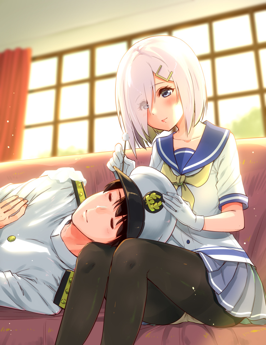 1boy 1girl absurdres admiral_(kantai_collection) black_legwear blouse blue_eyes blue_skirt breasts closed_eyes commentary_request ear_cleaning eyes_visible_through_hair gloves hair_ornament hair_over_one_eye hairclip hamakaze_(kantai_collection) hand_on_another's_head hat highres indoors kantai_collection lap_pillow long_sleeves medium_breasts military military_uniform mimikaki naval_uniform neckerchief panties panties_under_pantyhose pantyhose pantyshot pantyshot_(sitting) peaked_cap pleated_skirt sarfata school_uniform serafuku short_hair short_sleeves sitting skirt underwear uniform white_blouse white_gloves white_hair white_panties window yellow_neckwear