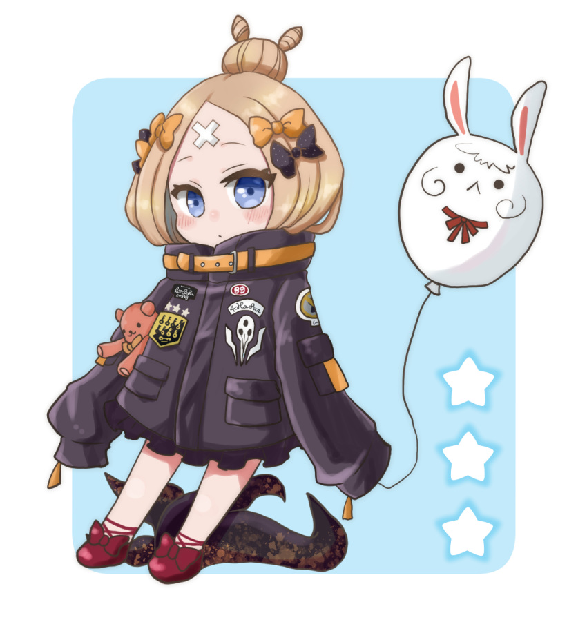 0yui 1girl abigail_williams_(fate/grand_order) bangs black_bow black_jacket blonde_hair blue_background blue_eyes blush bow chibi closed_mouth commentary_request crossed_bandaids fate/grand_order fate_(series) fou_(fate/grand_order) full_body hair_bow hair_bun heroic_spirit_traveling_outfit highres holding_balloon jacket long_hair long_sleeves looking_at_viewer object_hug orange_bow parted_bangs polka_dot polka_dot_bow red_bow red_footwear shoes sleeves_past_fingers sleeves_past_wrists solo star stuffed_animal stuffed_toy teddy_bear tentacle two-tone_background white_background