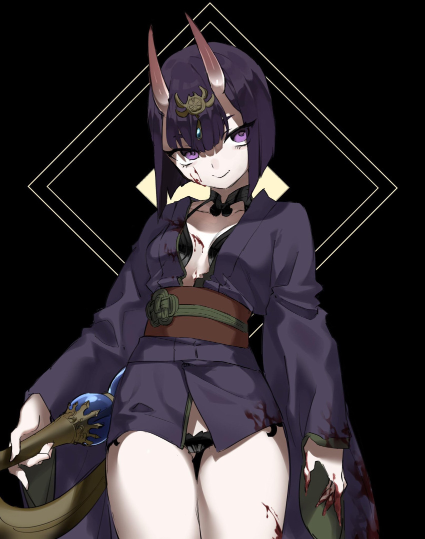 1girl arm_at_side blood blood_on_breasts blood_on_face bloody_clothes bloody_hands breasts closed_mouth cowboy_shot empty_eyes eyebrows_behind_hair fate_(series) gluteal_fold gourd hair_ornament highres horns japanese_clothes kimono niku_(fjs_1018) obi oni_horns purple_hair sash short_hair short_kimono shuten_douji_(fate/grand_order) small_breasts smile solo violet_eyes wide_sleeves
