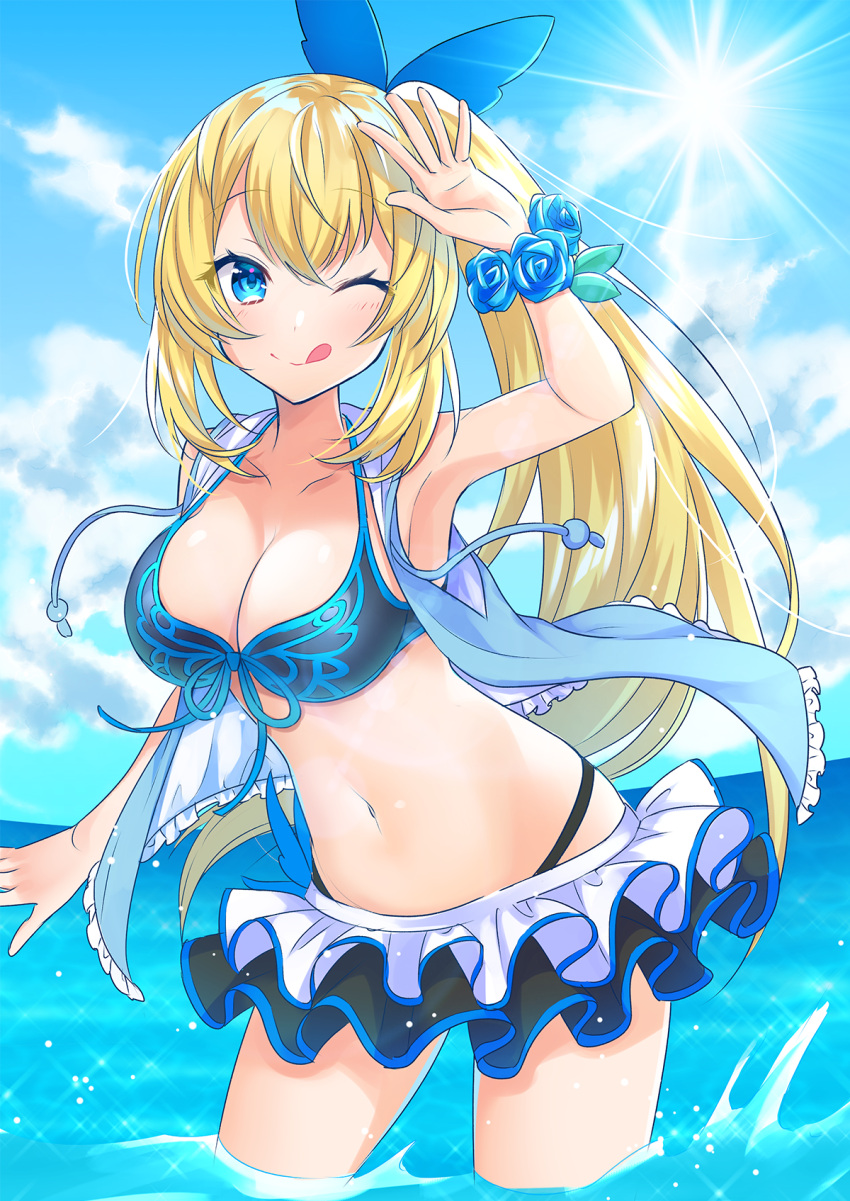 1girl :q armpits bare_shoulders black_bikini_top blonde_hair blue_eyes blue_flower blue_jacket blue_sky blush breasts cleavage closed_mouth clouds cloudy_sky collarbone day drawstring floating_hair flower flower_bracelet front-tie_bikini front-tie_top hair_ribbon hand_up haruyuki_14 highleg highres hood hood_down hooded_jacket jacket large_breasts layered_skirt light_particles light_rays long_hair looking_at_viewer miniskirt mirai_akari mirai_akari_project navel one_eye_closed open_clothes open_jacket outdoors ribbon rose side_ponytail sidelocks skirt sky sleeveless_jacket smile solo stomach sun sunbeam sunlight thighs tongue tongue_out very_long_hair virtual_youtuber wading water