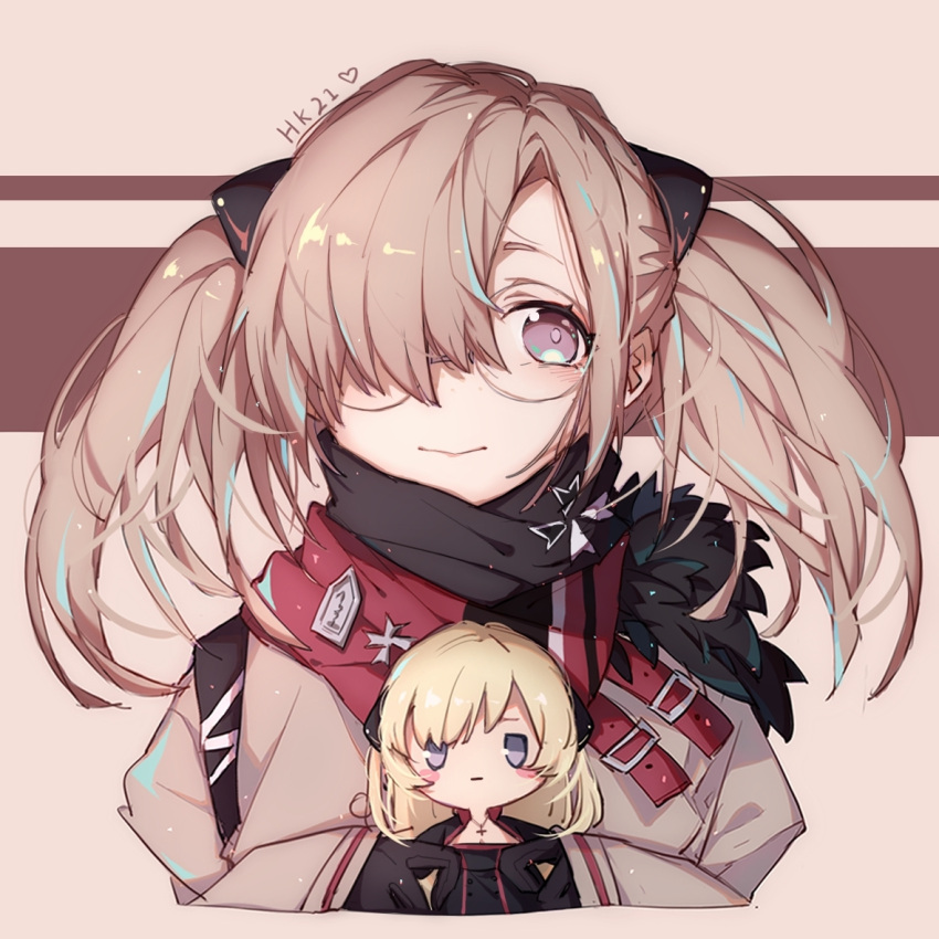 bangs black_scarf blank_eyes blonde_hair blush blush_stickers brown_background brown_hair closed_mouth commentary cross cross_necklace doll fur-trimmed_jacket fur_trim g3_(girls_frontline) girls_frontline glasses gloves hair_ornament hair_over_one_eye hk21_(girls_frontline) holding jacket jewelry long_hair long_sleeves necklace pollity scarf simple_background sleeves_past_wrists twintails violet_eyes