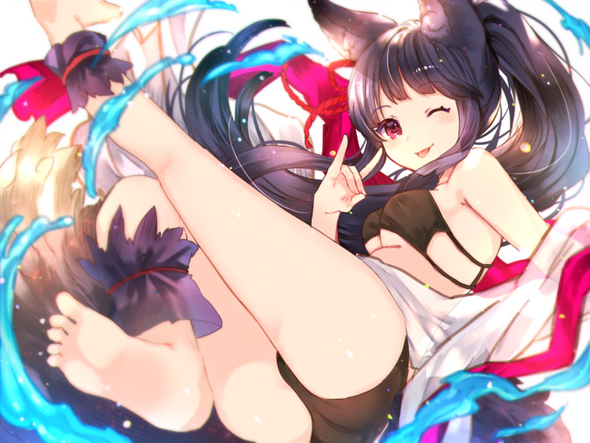 1girl animal_ears ass bare_shoulders barefoot bikini black_hair black_swimsuit blush breasts cleavage cuffs erune fox_ears fox_tail full_body granblue_fantasy long_hair looking_at_viewer midriff one_eye_closed ponytail red_eyes red_rope rope see-through smile solo sweetroad swimsuit tail thighs tongue tongue_out very_long_hair yuel_(granblue_fantasy)